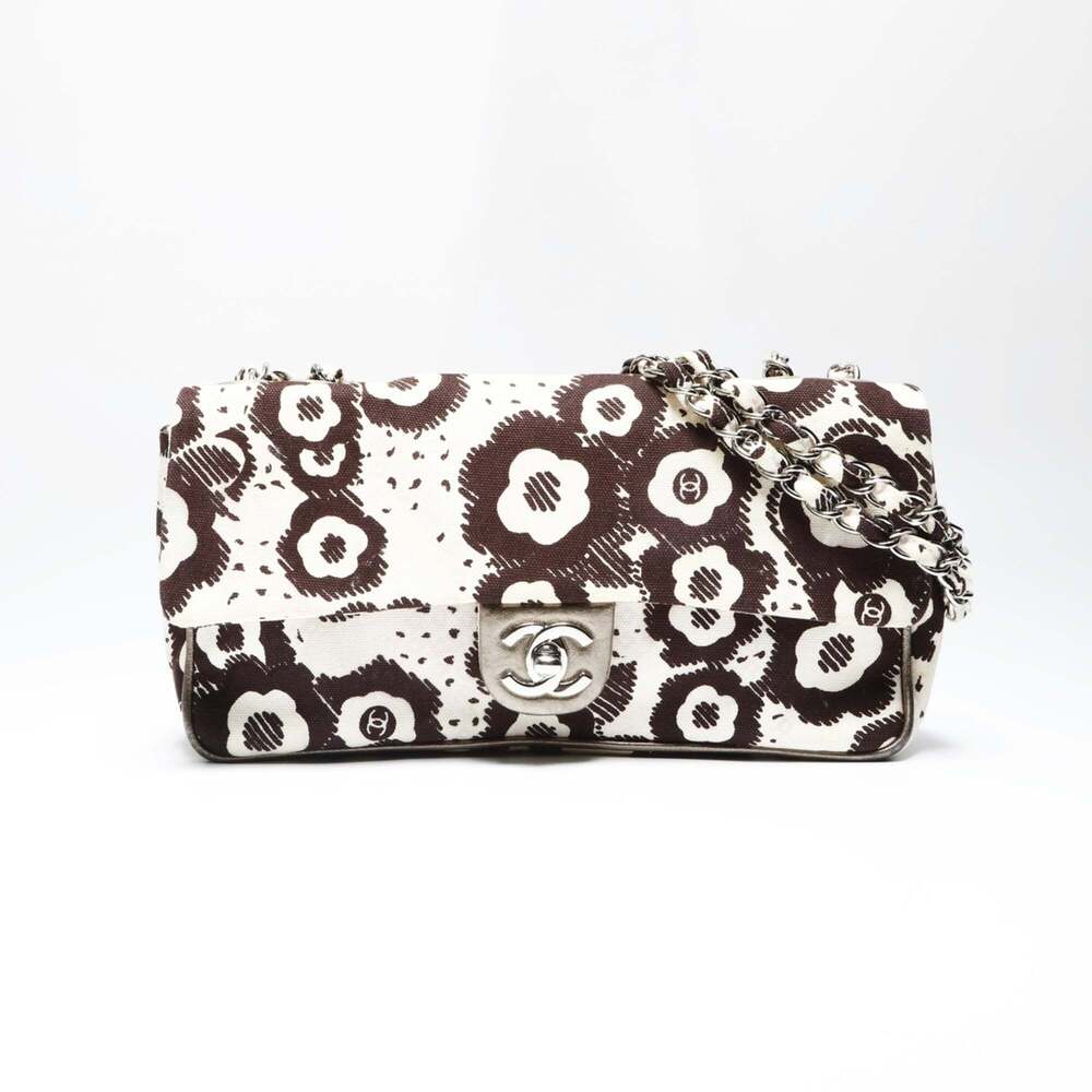 CHANEL 10 series 2005-2006 Canvas Camellia Flap Chain Shoulder Bag in Beige a...